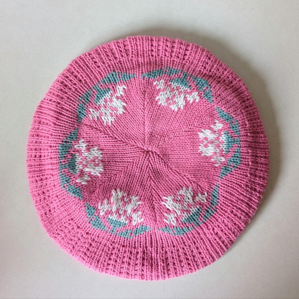 80s Vintage Knit Beret Fair Isle Winter Hat Pink White Flower Beanie Cap Tam - Picture 3 of 16